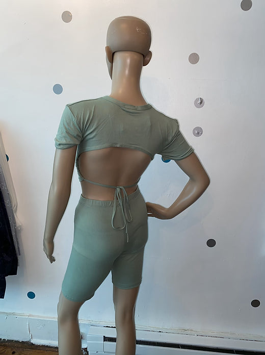 Green open back biker shorts set