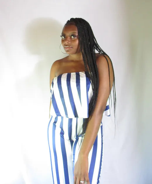Strip blue wide leg jumpsuit