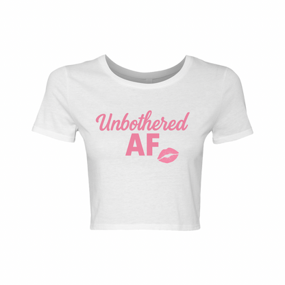 Unbothered AF Women’s Fitted Crop Tee – White & Pink Kiss Design
