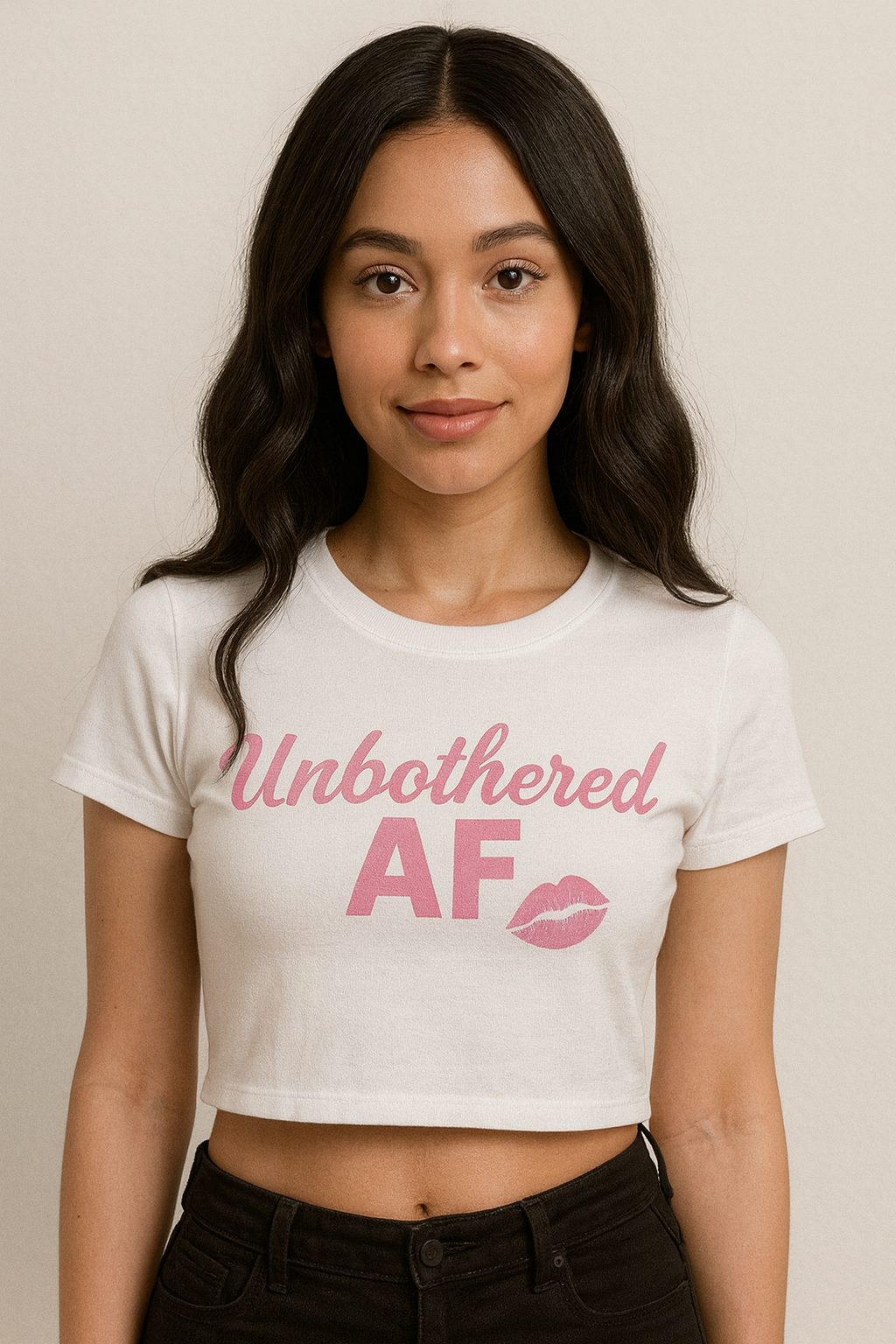 Unbothered AF Women’s Fitted Crop Tee – White & Pink Kiss Design