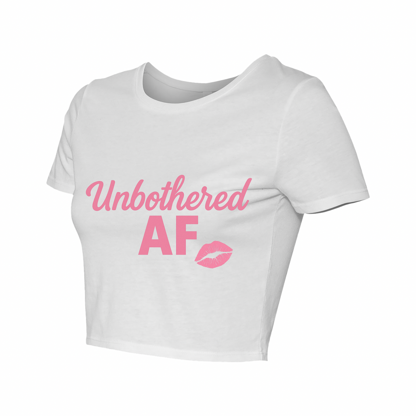 Unbothered AF Women’s Fitted Crop Tee – White & Pink Kiss Design