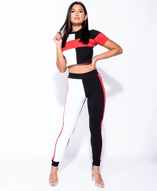 Color blocking two piece set