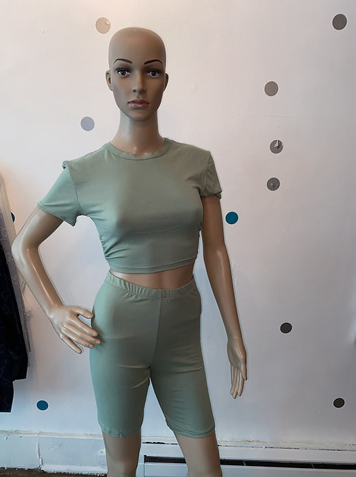 Green open back biker shorts set