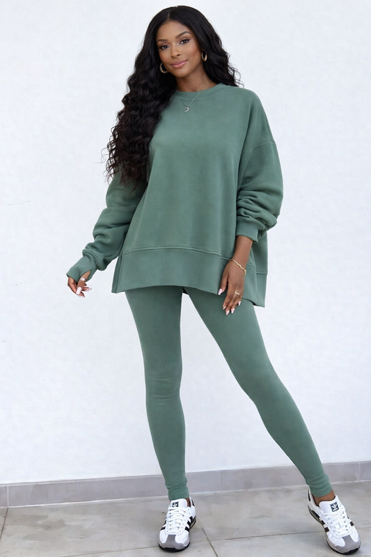 Solid Color Oversize Slit Sweatshirt and Ribbed Leggings 2pcs Set