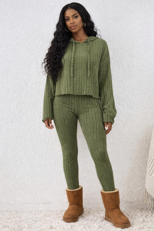 Lettuce Hem Dropped Shoulder Hooded Top and Pants Set