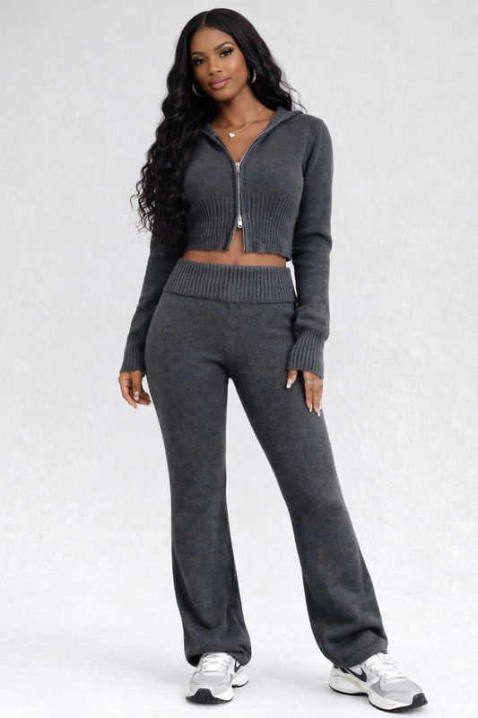 Zip Up Hooded Top and Flare Pants Sweater Set