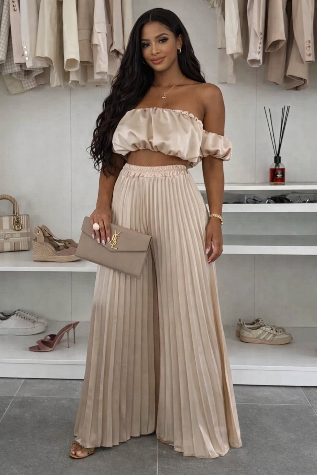 Off-Shoulder Top and Pleated Pants Set